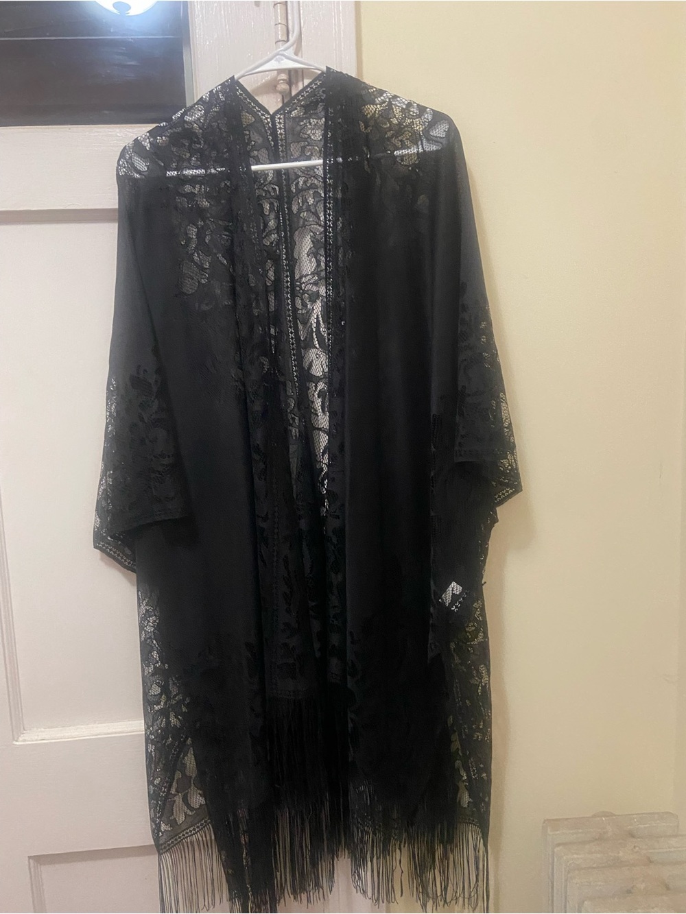 Black Lace Fringe Kimono Cape - Women